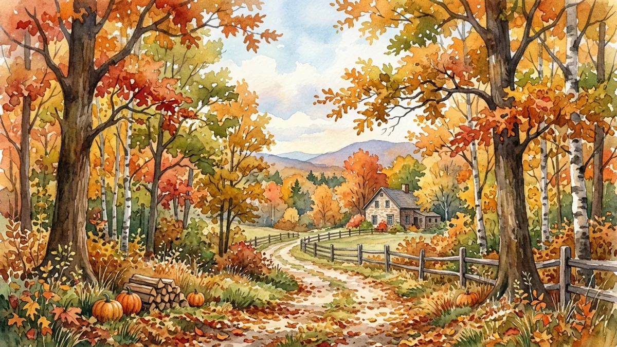 Fall Watercolor Frame TV sign — a watercolor painting of a stone cottage down a winding autumn path lined with birch trees, pumpkins, and mountains in the distance